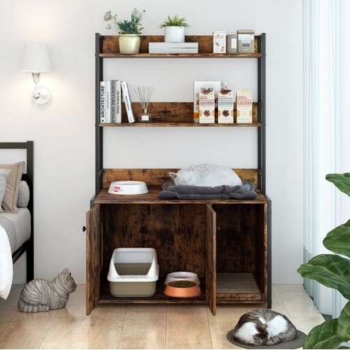 Meuble Pour Litière Chat Avec Rangement 3 Niveaux 2 Portes Marron
