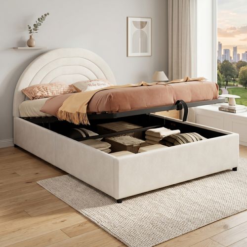 Lit Coffre 140x190 Cm Avec Tête De Lit Beige