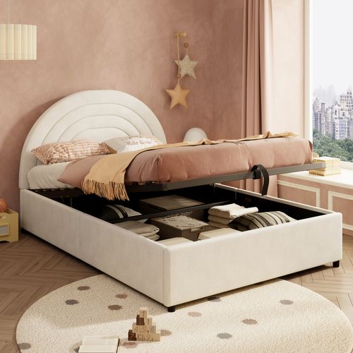 Lit Coffre 140x190 Cm Avec Tête De Lit Beige