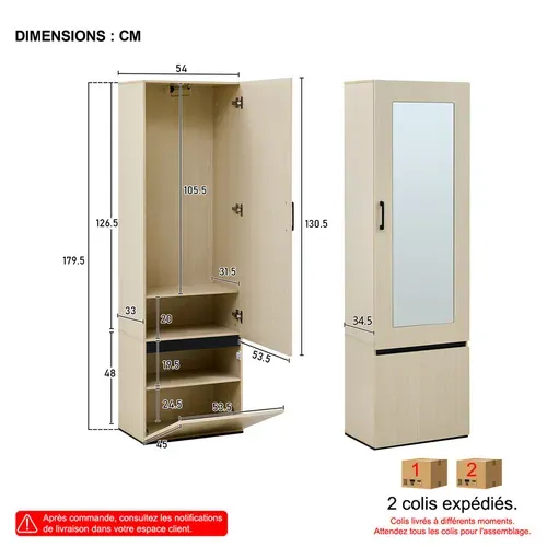 Armoire Vestiaire étroite 179,5 X 54 X 34,5 Cm Avec Miroir – Bois