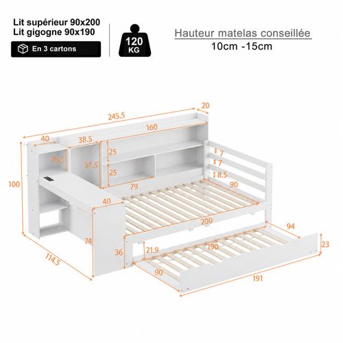 Lit Enfant 90x200 Avec Bureau, Rangements, Lit Gigogne Et Prises USB, En Bois Blanc