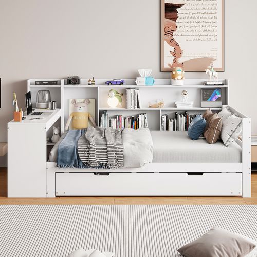 Lit Enfant 90x200 Avec Bureau, Rangements, Lit Gigogne Et Prises USB, En Bois Blanc