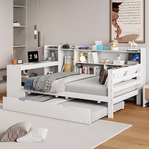 Lit Enfant 90x200 Avec Bureau, Rangements, Lit Gigogne Et Prises USB, En Bois Blanc
