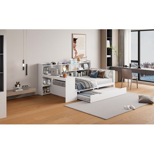 Lit Enfant 90x200 Avec Bureau, Rangements, Lit Gigogne Et Prises USB, En Bois Blanc