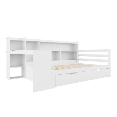 Lit Enfant 90x200 Avec Bureau, Rangements, Lit Gigogne Et Prises USB, En Bois Blanc