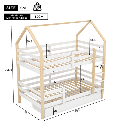 Lit Enfant Cabane 90x200 Avec 2 Grands Tiroirs, Barrières Hautes Et Basses, Coloris Blanc Et Chêne