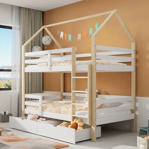 Lit Enfant Cabane 90x200 Avec 2 Grands Tiroirs, Barrières Hautes Et Basses, Coloris Blanc Et Chêne
