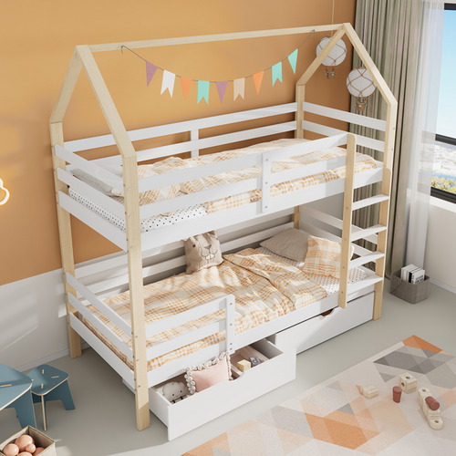 Lit Enfant Cabane 90x200 Avec 2 Grands Tiroirs, Barrières Hautes Et Basses, Coloris Blanc Et Chêne
