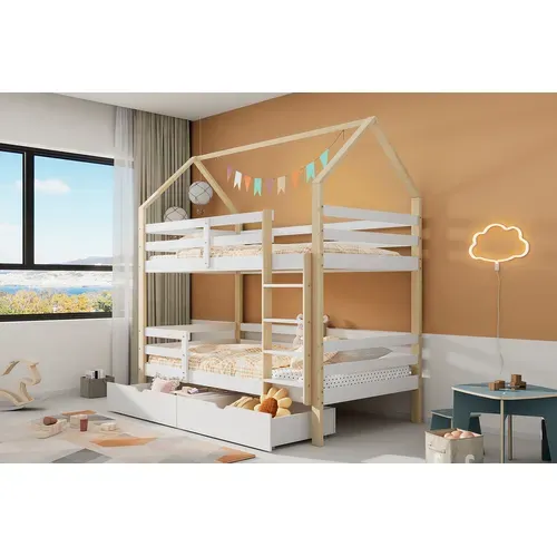 Lit Enfant Cabane 90x200 Avec 2 Grands Tiroirs, Barrières Hautes Et Basses, Coloris Blanc Et Chêne