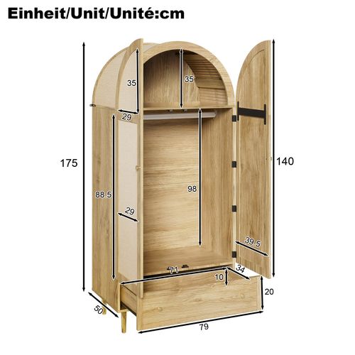 Armoire De Chambre 175 Cm, Design Arche, Portes Tissu, Tiroir, Imitation Chêne