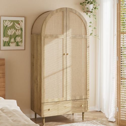 Armoire De Chambre 175 Cm, Design Arche, Portes Tissu, Tiroir, Imitation Chêne