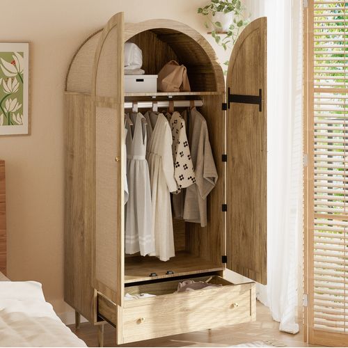 Armoire De Chambre 175 Cm, Design Arche, Portes Tissu, Tiroir, Imitation Chêne