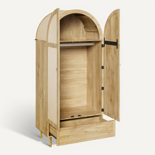 Armoire De Chambre 175 Cm, Design Arche, Portes Tissu, Tiroir, Imitation Chêne