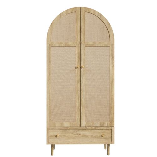 Armoire De Chambre 175 Cm, Design Arche, Portes Tissu, Tiroir, Imitation Chêne