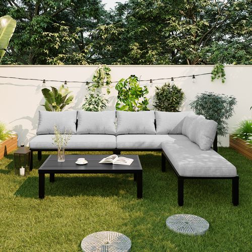 Salon De Jardin Modulable 6 Places, Dossier Amovible, Table Basse, Acier Galvanisé Gris