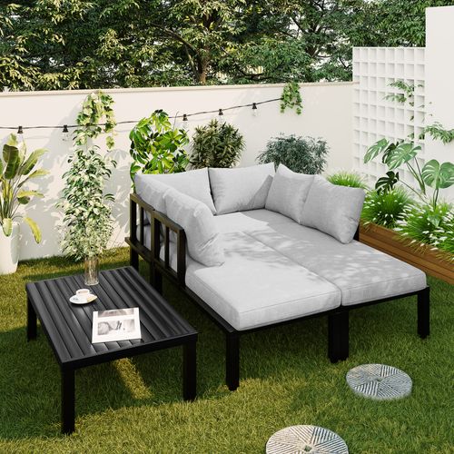 Salon De Jardin Modulable 6 Places, Dossier Amovible, Table Basse, Acier Galvanisé Gris