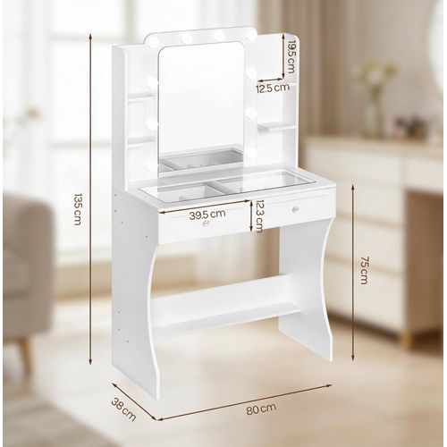 Coiffeuse Miroir LED 3 Tons, 2 Tiroirs, 4 Niches, Plateau Verre Trempé, Mdf Blanc