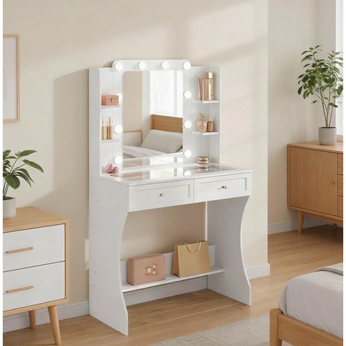 Coiffeuse Miroir LED 3 Tons, 2 Tiroirs, 4 Niches, Plateau Verre Trempé, Mdf Blanc