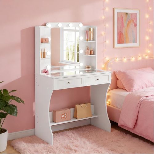 Coiffeuse Miroir LED 3 Tons, 2 Tiroirs, 4 Niches, Plateau Verre Trempé, Mdf Blanc