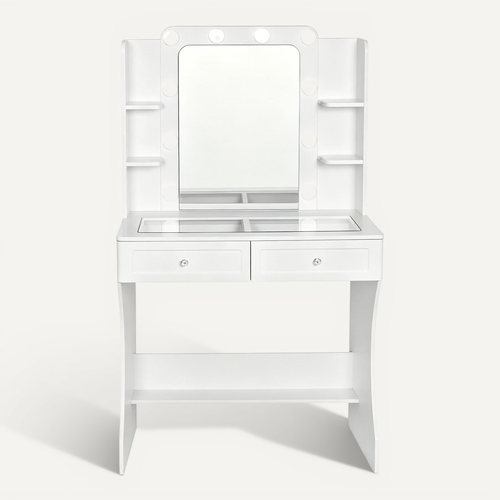 Coiffeuse Miroir LED 3 Tons, 2 Tiroirs, 4 Niches, Plateau Verre Trempé, Mdf Blanc