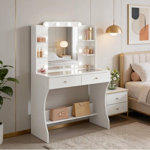 Coiffeuse Miroir LED 3 Tons, 2 Tiroirs, 4 Niches, Plateau Verre Trempé, Mdf Blanc