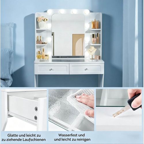 Coiffeuse Miroir LED 3 Tons, 2 Tiroirs, 4 Niches, Plateau Verre Trempé, Mdf Blanc