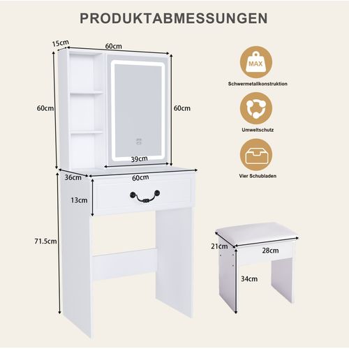 Coiffeuse Avec Miroir LED 3 Lumières, Rangements Cachés Et Tabouret, Format Compact, Mdf Blanc