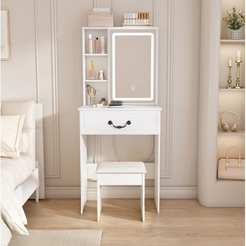 Coiffeuse Avec Miroir LED 3 Lumières, Rangements Cachés Et Tabouret, Format Compact, Mdf Blanc