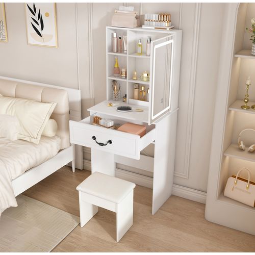Coiffeuse Avec Miroir LED 3 Lumières, Rangements Cachés Et Tabouret, Format Compact, Mdf Blanc
