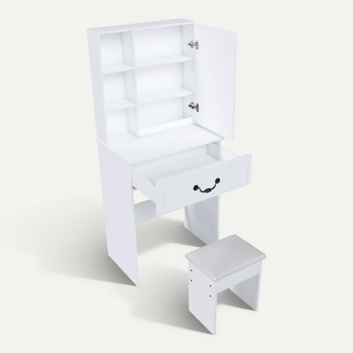 Coiffeuse Avec Miroir LED 3 Lumières, Rangements Cachés Et Tabouret, Format Compact, Mdf Blanc