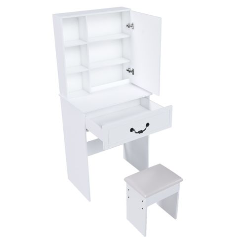 Coiffeuse Avec Miroir LED 3 Lumières, Rangements Cachés Et Tabouret, Format Compact, Mdf Blanc