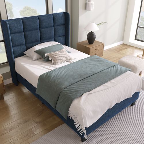Lit Simple 90×200 Cm Avec Tête De Lit Rembourrée Et Sommier À Lattes, Lin Bleu
