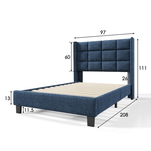 Lit Simple 90×200 Cm Avec Tête De Lit Rembourrée Et Sommier À Lattes, Lin Bleu