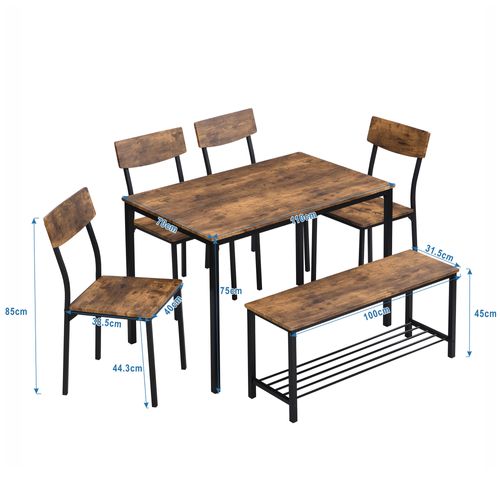 Ensemble Table Et Chaises Avec 1 Table, 4 Chaises Et 1 Banc, Mdf, Marron
