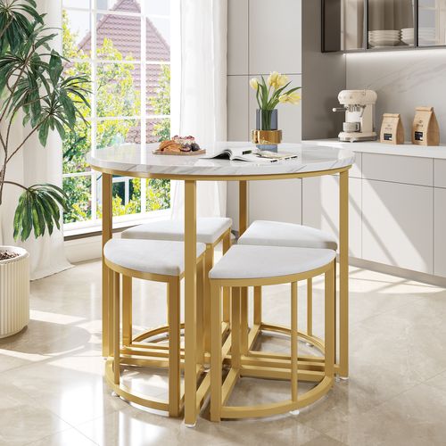 Ensemble Table Et Chaises Avec 1 Table Ronde Et 4 Chaises En Velours, Blanc