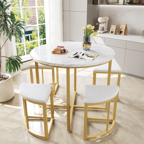 Ensemble Table Et Chaises Avec 1 Table Ronde Et 4 Chaises En Velours, Blanc