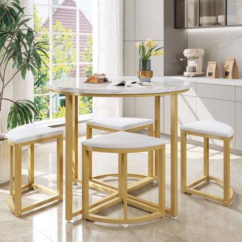 Ensemble Table Et Chaises Avec 1 Table Ronde Et 4 Chaises En Velours, Blanc