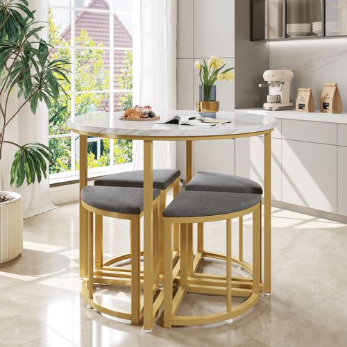Ensemble Table Et Chaises Avec 1 Table Ronde Et 4 Chaises En Velours, Blanc Gris