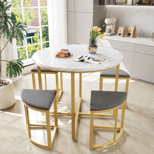 Ensemble Table Et Chaises Avec 1 Table Ronde Et 4 Chaises En Velours, Blanc Gris