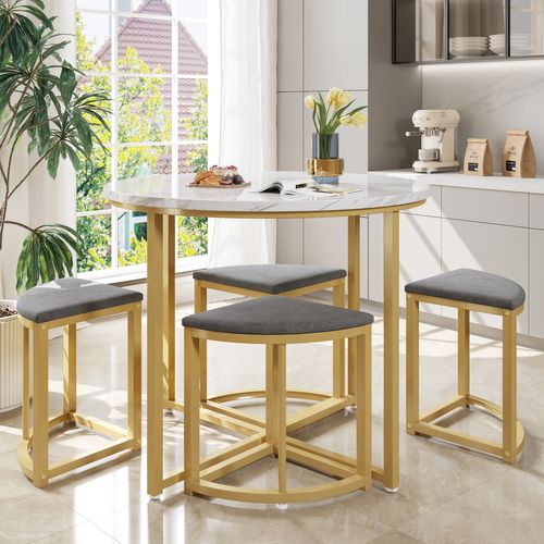Ensemble Table Et Chaises Avec 1 Table Ronde Et 4 Chaises En Velours, Blanc Gris