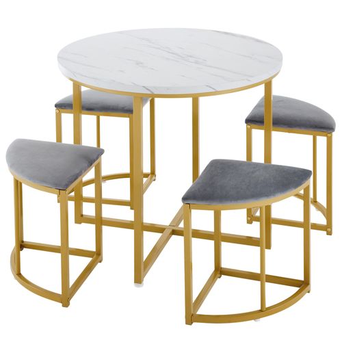 Ensemble Table Et Chaises Avec 1 Table Ronde Et 4 Chaises En Velours, Blanc Gris