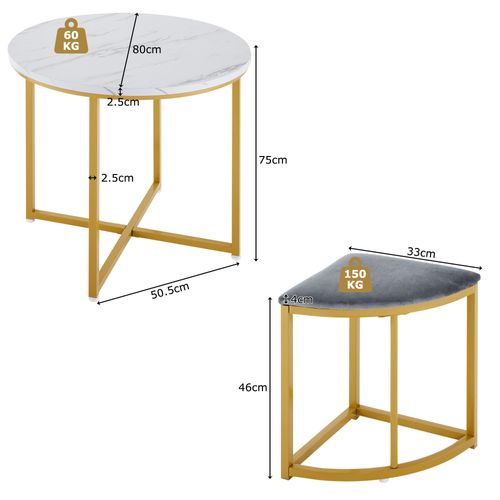 Ensemble Table Et Chaises Avec 1 Table Ronde Et 4 Chaises En Velours, Blanc Gris