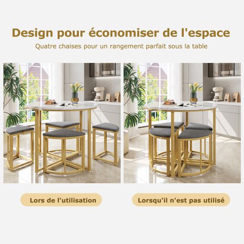 Ensemble Table Et Chaises Avec 1 Table Ronde Et 4 Chaises En Velours, Blanc Gris