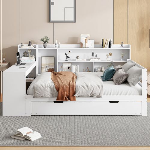 Lit Gigogne 140 × 200 Cm Avec Bureau, étagères, Rangements Et Ports USB, Bois Blanc