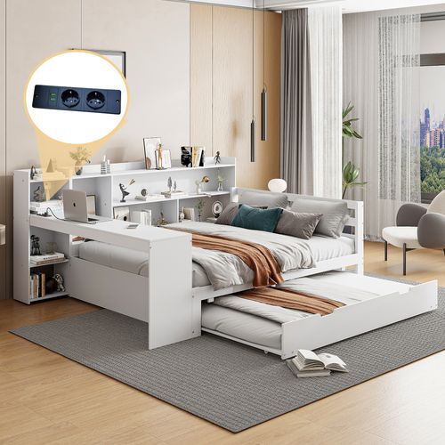 Lit Gigogne 140 × 200 Cm Avec Bureau, étagères, Rangements Et Ports USB, Bois Blanc