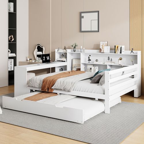 Lit Gigogne 140 × 200 Cm Avec Bureau, étagères, Rangements Et Ports USB, Bois Blanc