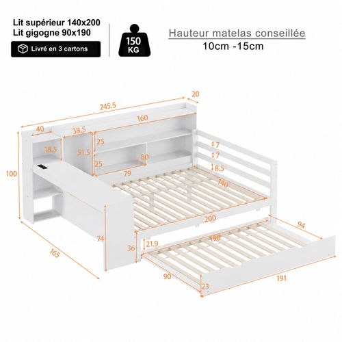 Lit Gigogne 140 × 200 Cm Avec Bureau, étagères, Rangements Et Ports USB, Bois Blanc