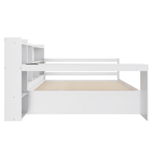 Lit Gigogne 140 × 200 Cm Avec Bureau, étagères, Rangements Et Ports USB, Bois Blanc