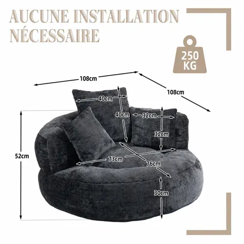 Fauteuil Compressé Relax En Chenille, Avec Dossier Haut Et Accoudoirs, Noir