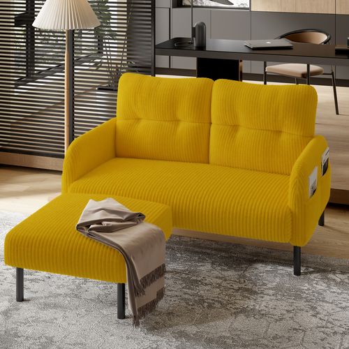 Canapé Droit 2 Places En Corduroy, Avec Poche Latérale Et Dossier Ergonomique, Jaune